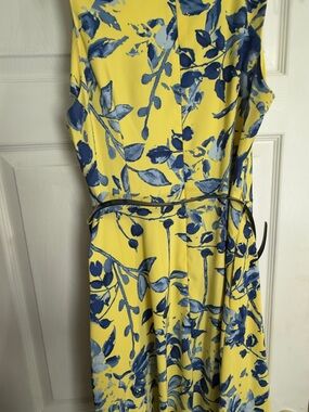 Signature Yellow Dress with Blue Floral Pattern and Belt